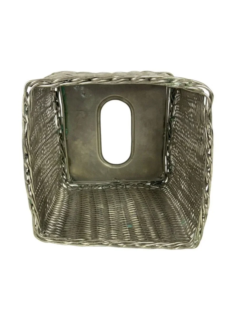 Square Silver Metal Basketweave Tissue Box Holder With Hammered Chrome Finish